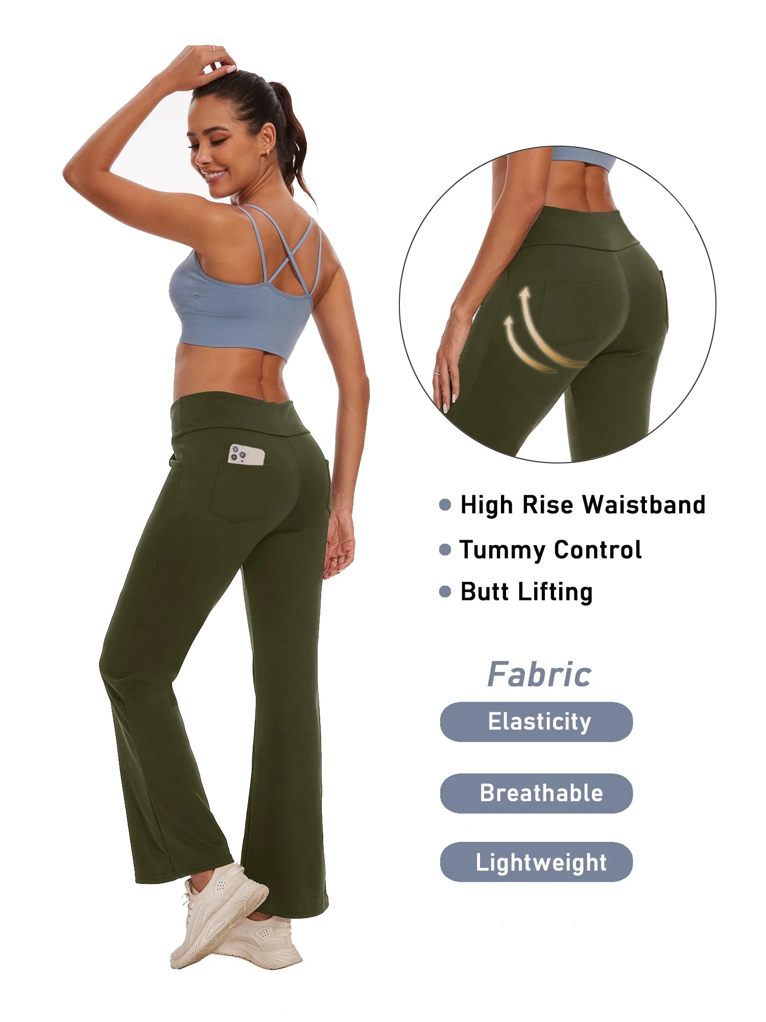 Womens Bootcut Yoga Pants with Pockets Flare Workout Legging High Waist Lightweight Bottoms Activewear Green M