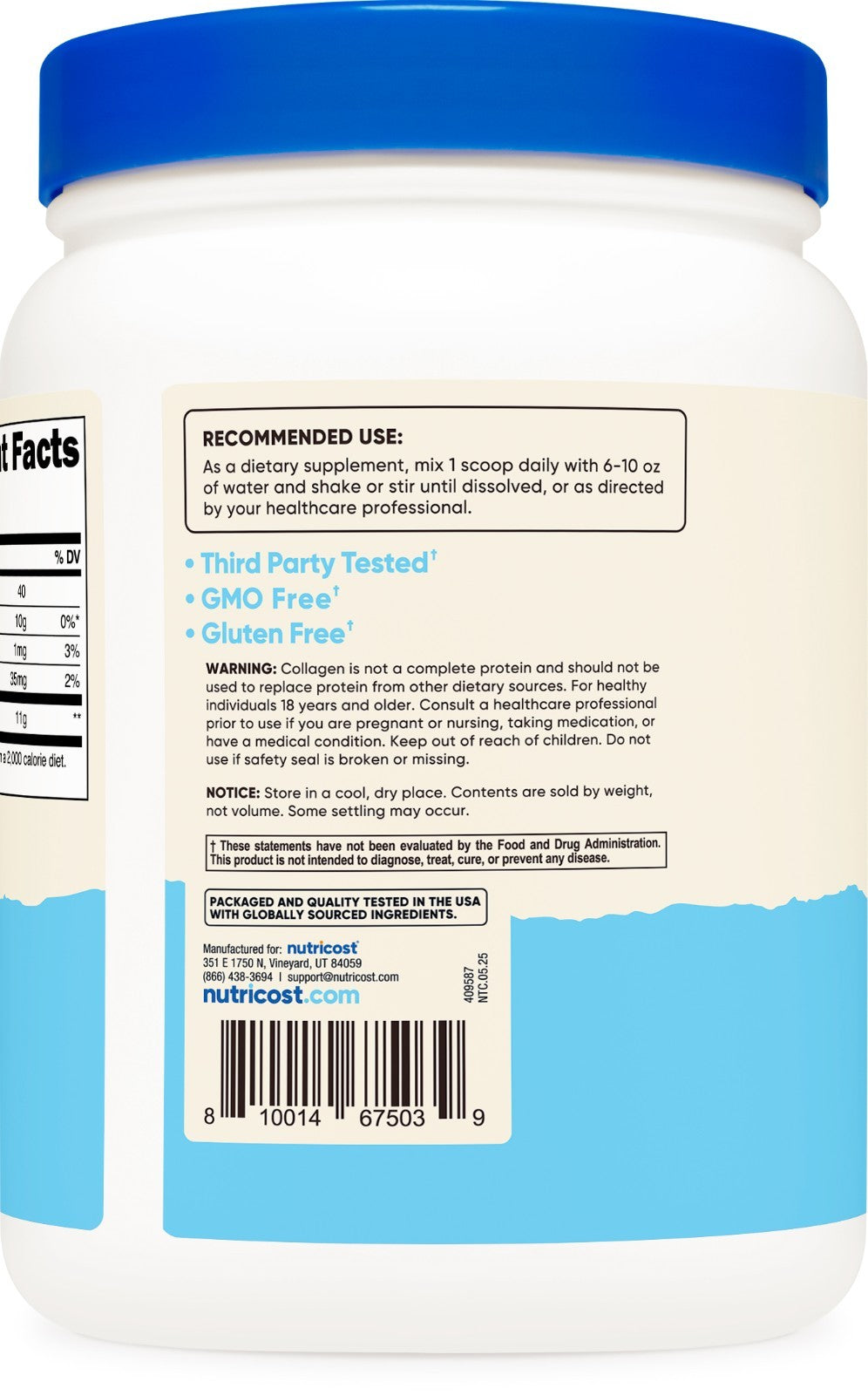 Nutricost Pure Collagen Hydrolysate (Bovine) Powder - Grass Fed, 1LB (454G)